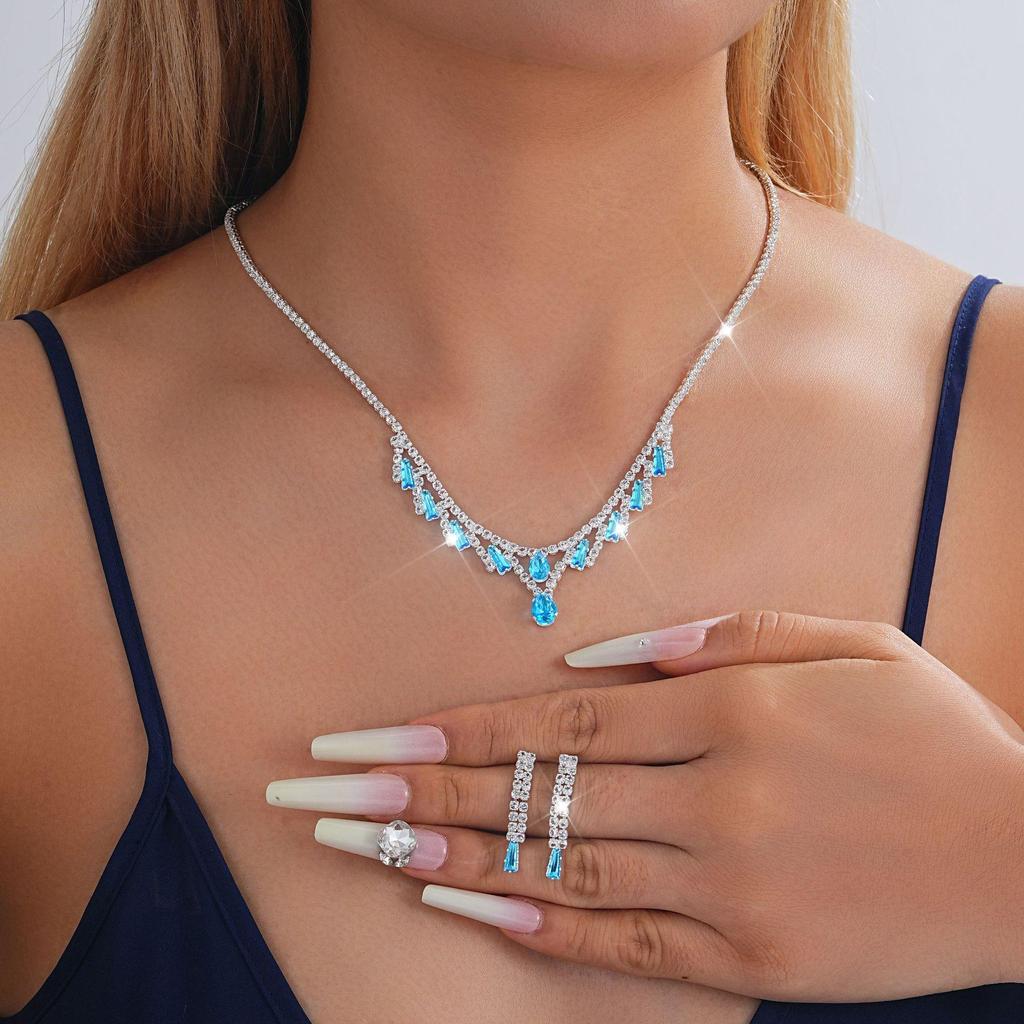 European-American Rhinestone Teardrop Necklace & Earring Set: Korean-Style Bridal Temperament Collarbone Chain Jewelry for Women