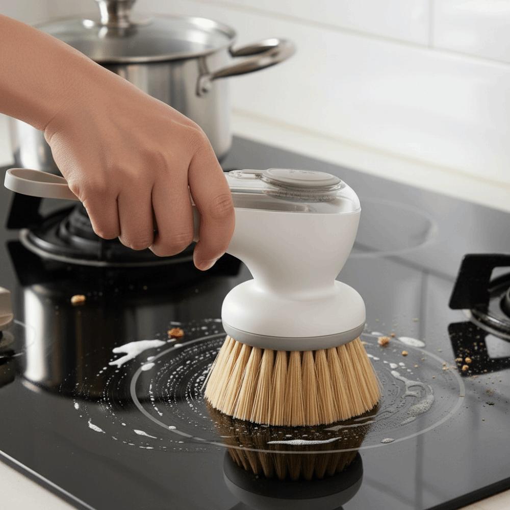 2PCS/SET Press-Type Automatic Liquid Dispensing Pot Brush Plastic Pot Cleaning Brush Pot Cleaning