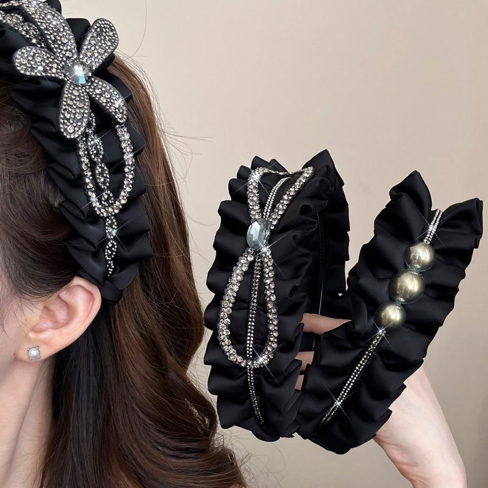 Rhinestone Black Hairband Cloth Wrinkle Headband Luxury Women Hair Hoop  Daily
