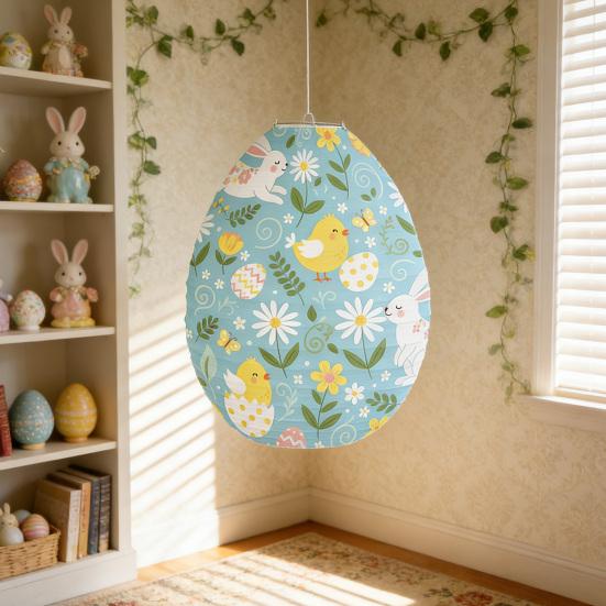 Easter Egg Paper Lantern Bunny Chick Flower Pattern Egg Shaped Hanging Lantern for Easter Party Home Decor