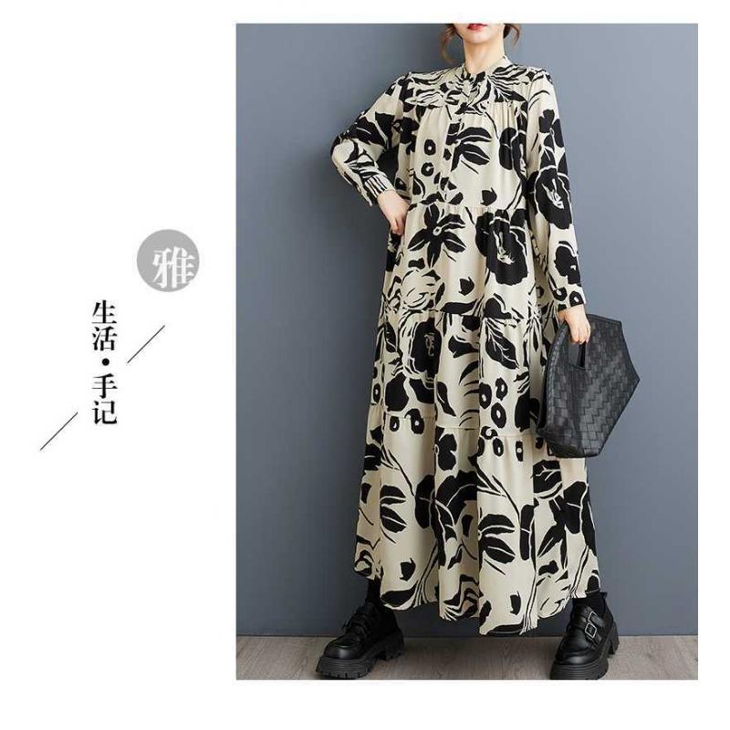 2025 Large Size Round Neck Long Sleeve Loose Big Swing Middle-aged and Elderly Mom Dresses