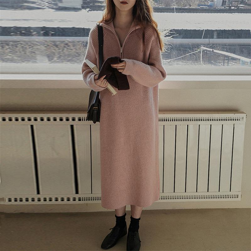 Zipper semi-open neck knitted dress women's autumn and winter new long-sleeved loose zipper sweater dress over the knee