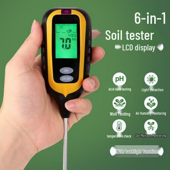 Six-in-One Soil Tester: Moisture, Fertility, Temperature, pH, and Humidity Meter.