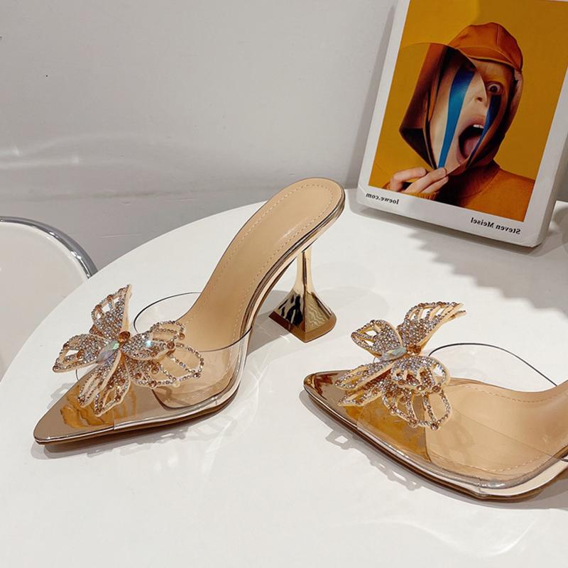 2025 Summer Strange High Heels Slippers Sexy Street Woman Crystal Bowknot Pointed Toe Dress Shoes PVC Transparent Sandals