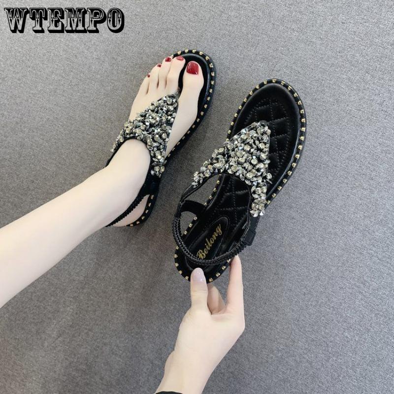 Sommer Damen Sandalen Clip Toe Female Fairy Wind New Strass Bohemian Flat Bottom Strandschuhe Sandalen Gummimaterial