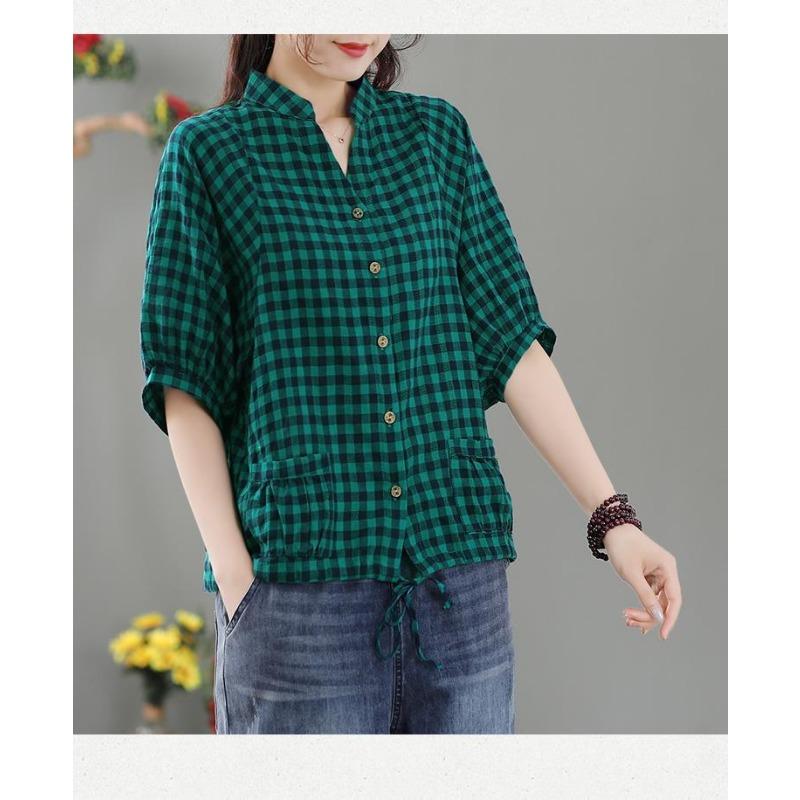 Top de manga tres cuartos holgado con estampado de cuadros retro para mujer, modelo 2025, fino, moderno, con cuello en V, manga media y cierre de botones.