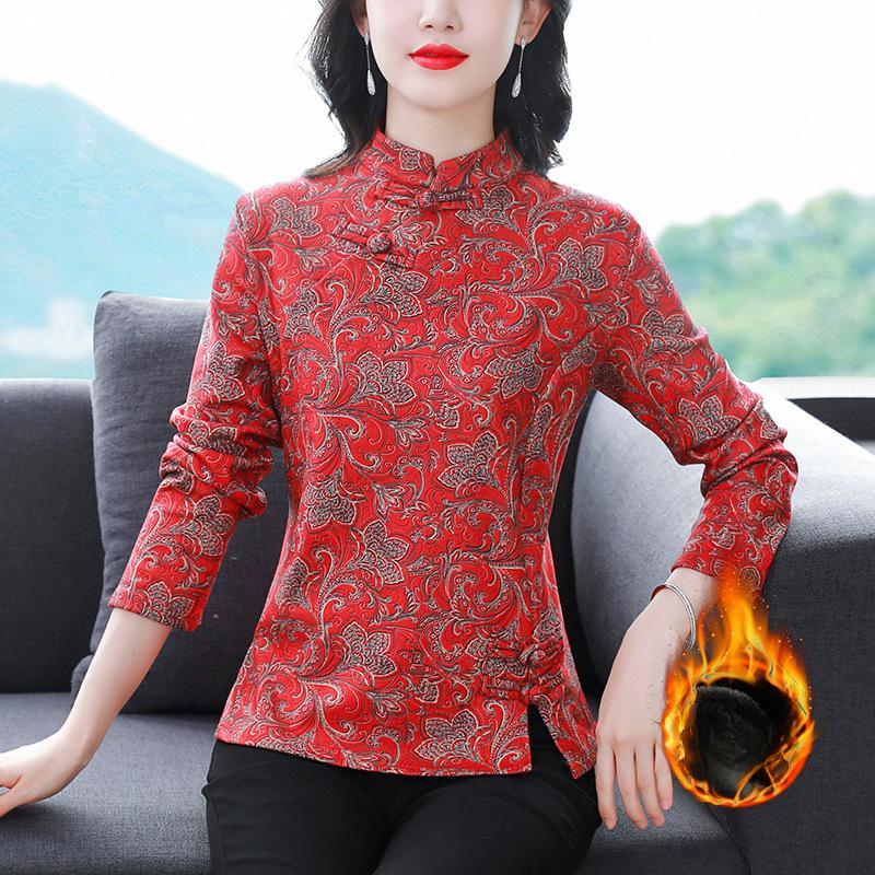 

Зимняя флисовая нижняя рубашка для мам, женская ретро-рубашка в китайском стиле с пуговицами Tang Clothing, верхняя рубашка 4XL красный