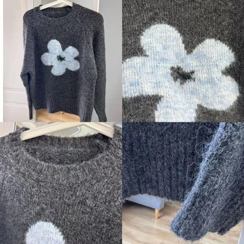 Streamgirl Winter Gray Sweater Flower Women Loose Knit Pullovers Purple Knitwear Vintage Warm Flower
