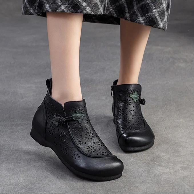 Johnature Prodyšné vyřezávané boty Letní pravá kůže Retro kulatá špička Dámské ploché sandály