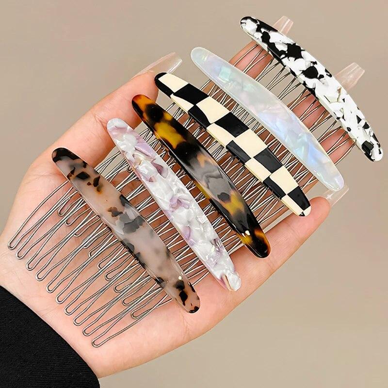 Exquisite Acetate Print Checkered Hair Comb Hairpin Vintage Side Hair Clip Hairgrip Fashion Hair Accessories For Women Headdress