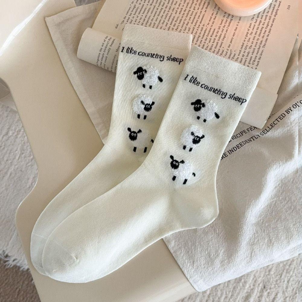 

4Pairs Bowknot Cartoon Sheep Socks Letter Short Tube Socks Fashion Mid-Calf Socks Daily 4Pairs