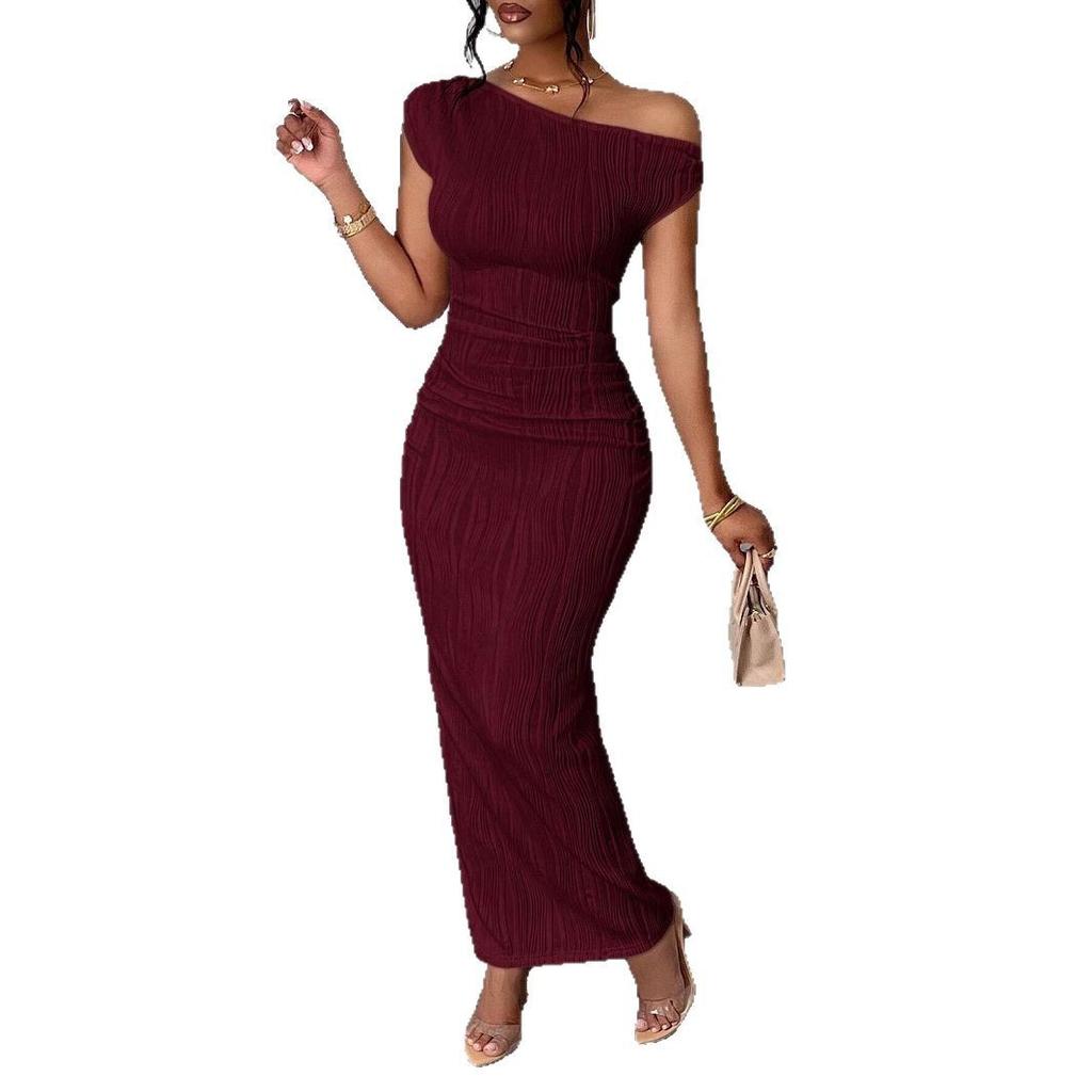 New hip skirt solid color fashion water ripple slanted shoulder dress