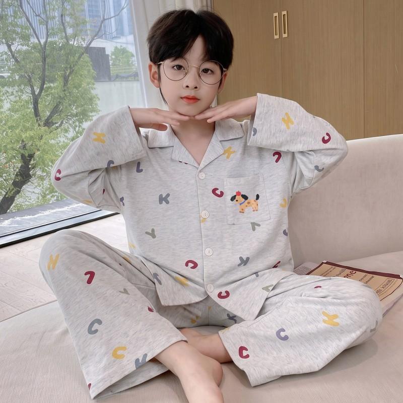 Boys Cotton Pajama Set Long Sleeve Open Front Cartoon Print Home Wear Kids Teens