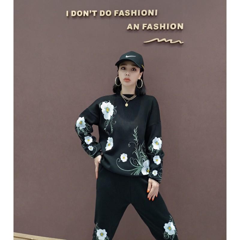 Womens Embroidered Floral Knit Top Slim Pants Set Casual Two-Piece Outfit
