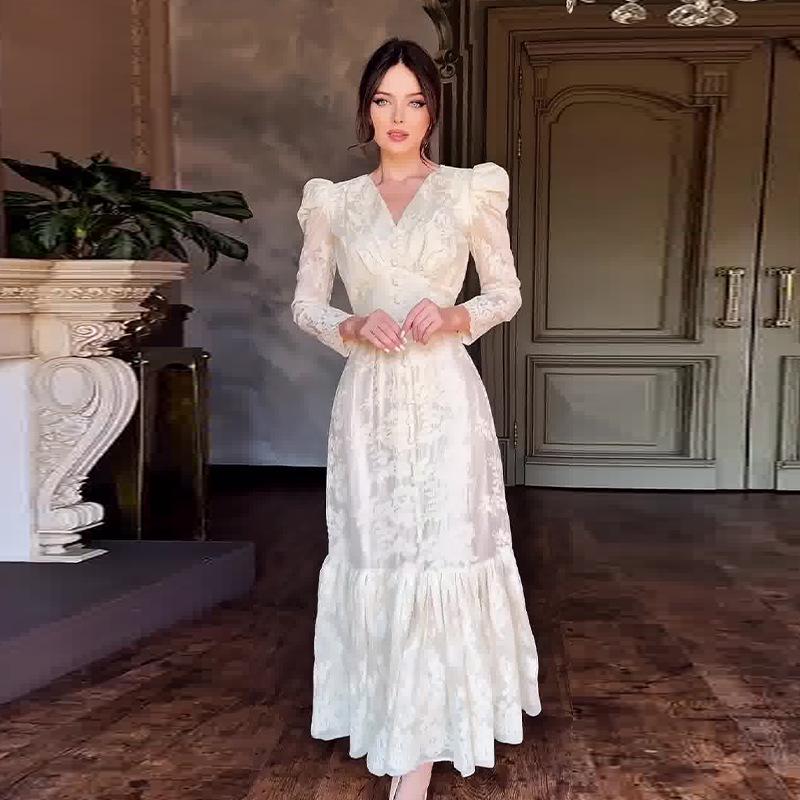 2024 Autumn European & American Women's Solid Color French Puff Sleeve Slimming Dress