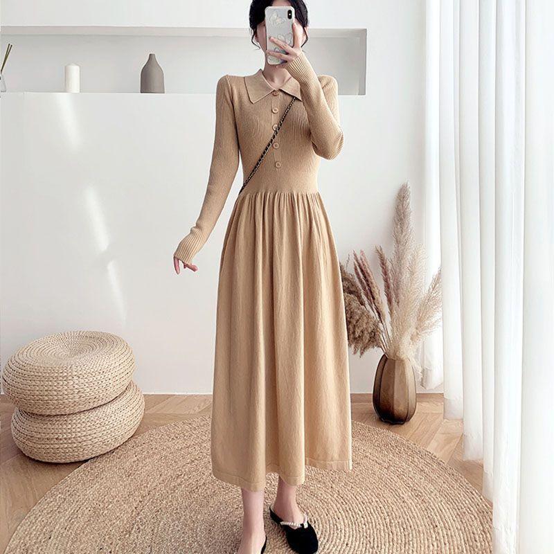 Mid-length Sweater Dress A Versatile Solid Color A-line Knitted Dress for Women Casual and Warm Pullover