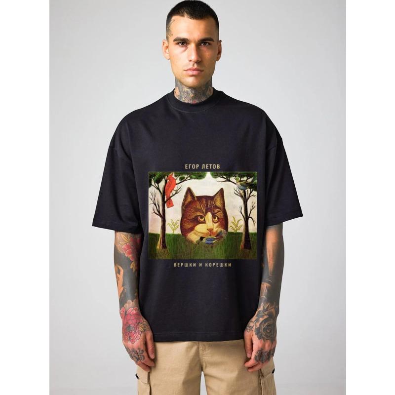

Crewneck T Shirt White Cat Forest Art Print with Russian Text Casual Streetwear Unisex Top for Everyday Wear XXXXL чёрный