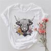 Cow Head Flower Summer Women's Short Sleeved Round Neck Women's Regular T-Shirt Fashionable Printed Pattern Retro Casual Top
