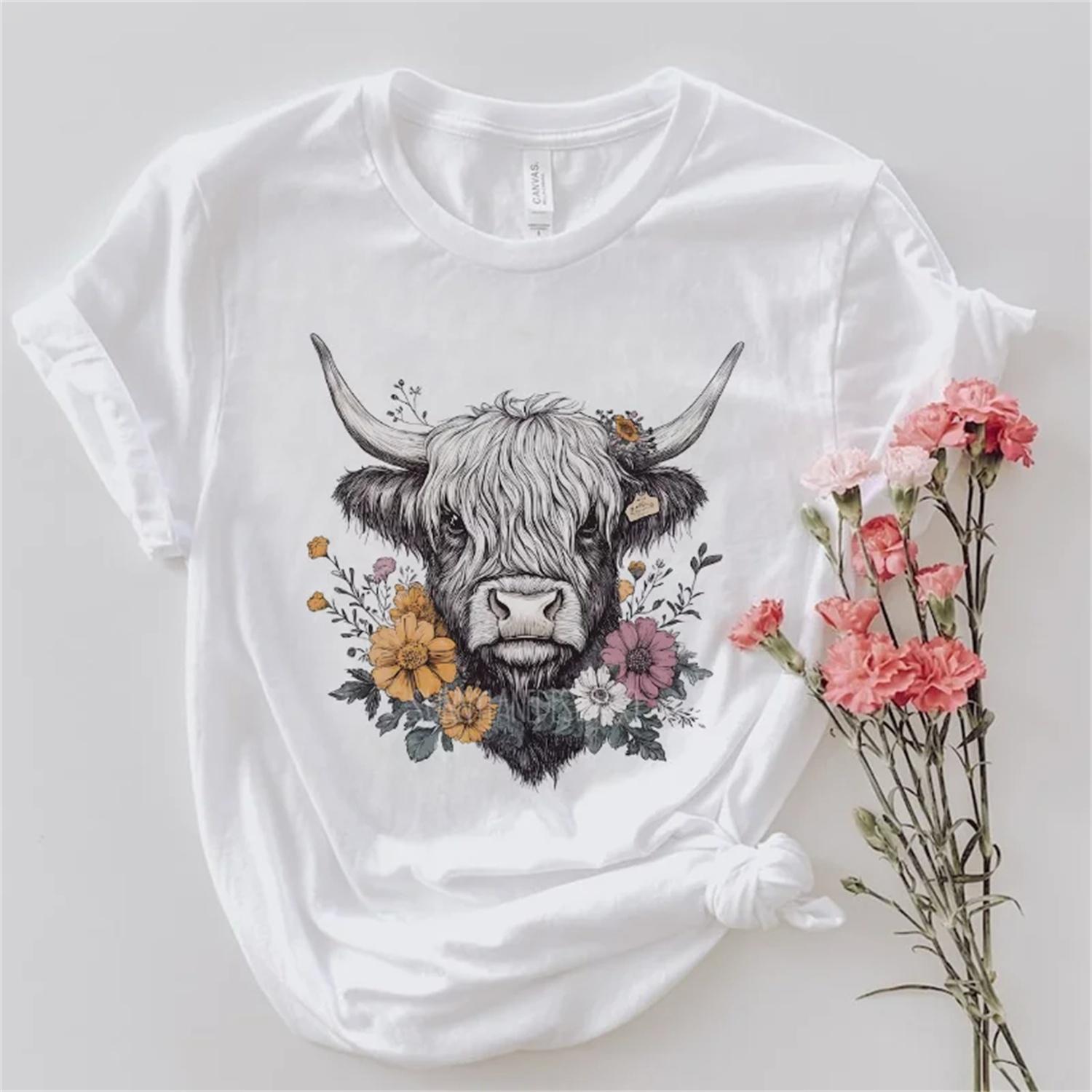 Cow Head Flower Summer Women s Short Sleeved Round Neck Women s Regular T-Shirt Fashionable Printed Pattern Retro Casual Top S