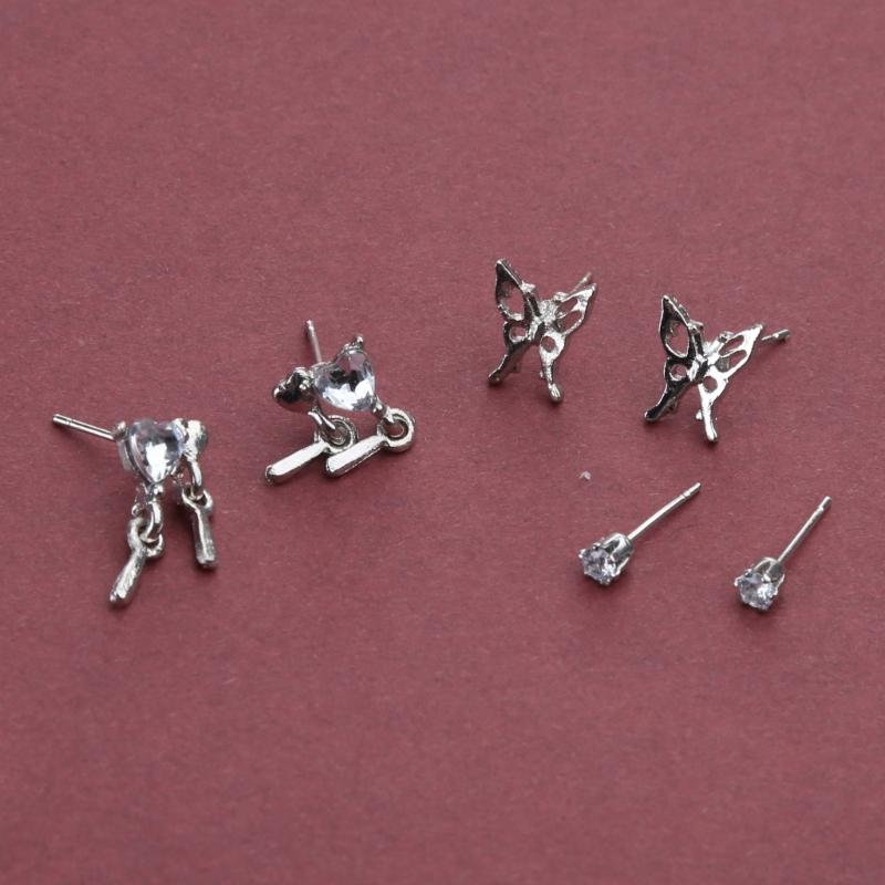 6Pcs Silver Rhinestones Butterfly Earrings Women Exquisite Casual Jewelry Punk Heart Stud Earrings for Girlfriend Gift