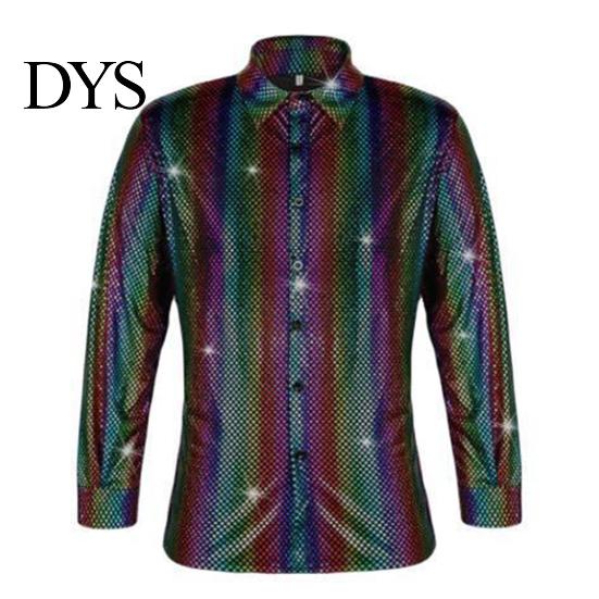 Retro Button Design Shirt Men Performance Shiny Surface Turn-down Collar Single-breasted Long Breathable Sleeves Buttons Satin Club Party Disco Stage