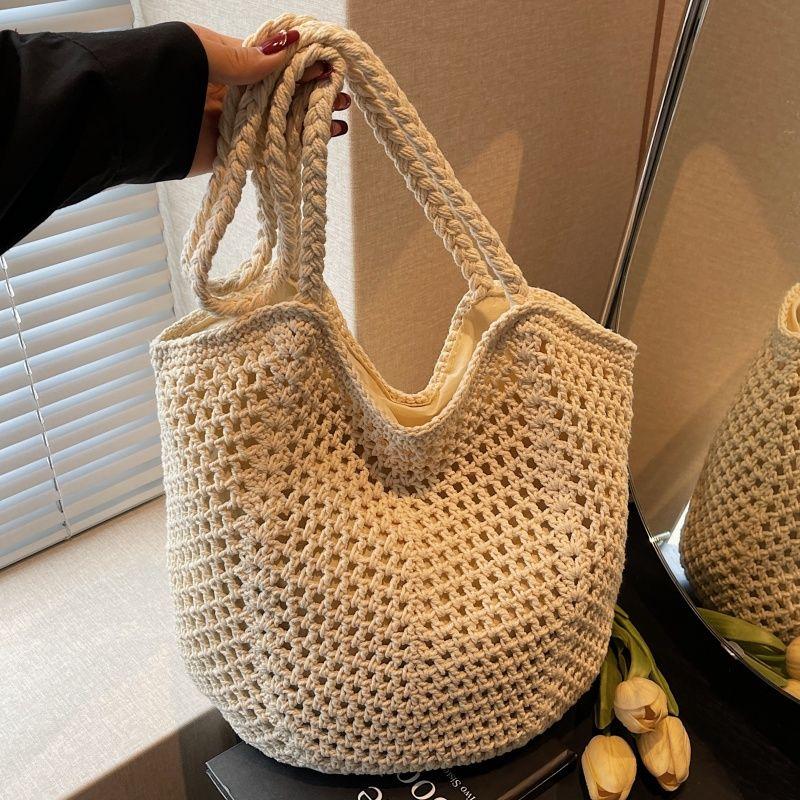 

Хлопковая нить Полая плетеная сумка Женская летняя большой вместимости Одноплечевая сумка-тоут для поездок на работу Праздный стиль Морской отдых Пляжная сумка Beige