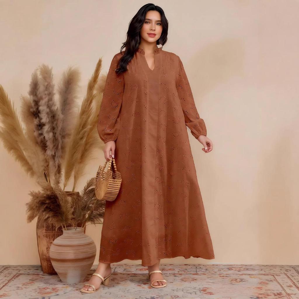 Plus Size V-neck Embroidered Lantern Sleeve Casual Dress