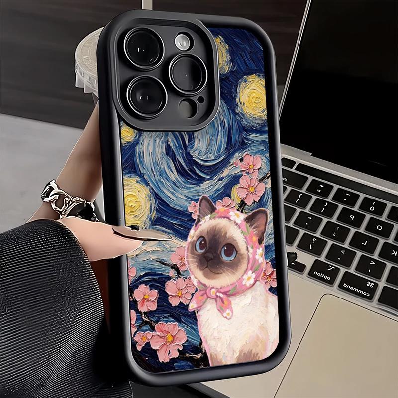 Phone Case for iPhone 17 Air 16E 15 16 Pro Max Cute Floral Headscarf Kitten Cover 14 Plus 13 12 Mini Soft Shell Silicone Fundas