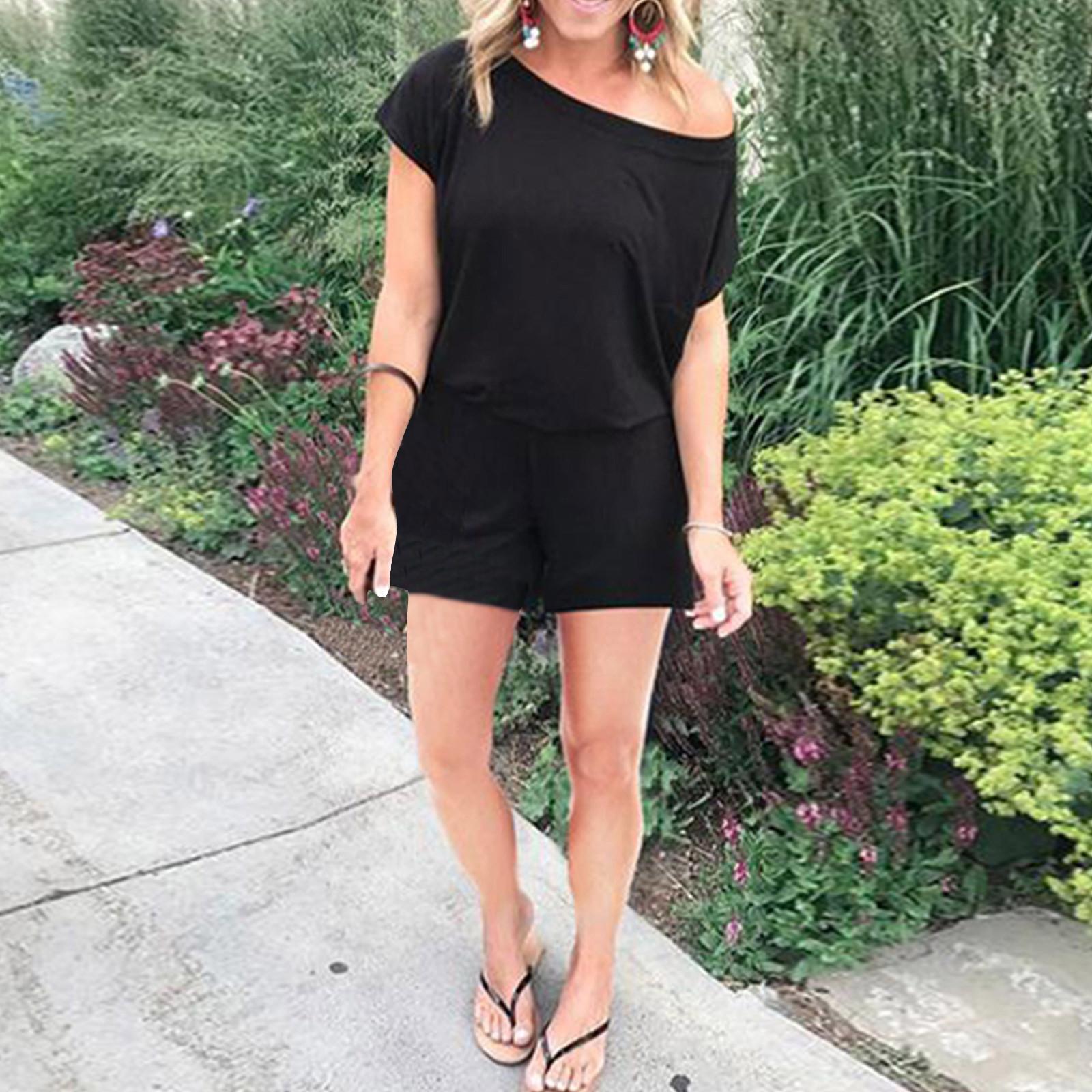 Women s Loose Off Shoulder Elastic Waist Stretchy Short Romper Jumpsuit With Pockets S чёрный