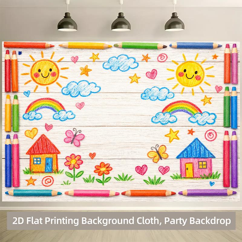 1 piece of 2D flat banner colorful pencil drawing showcasing joyful elements polyester background fabric party banner