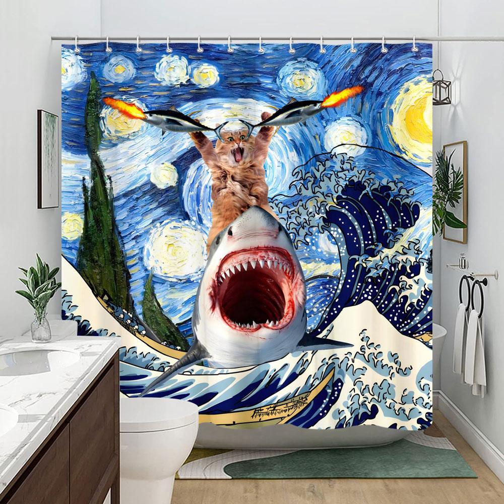 Funny Cat In Bathtub Bathing Cartoon Kids Shower Curtain Tyrannosaurus Rex Wave Polyester Fabric Shower Curtains Bathroom Decor