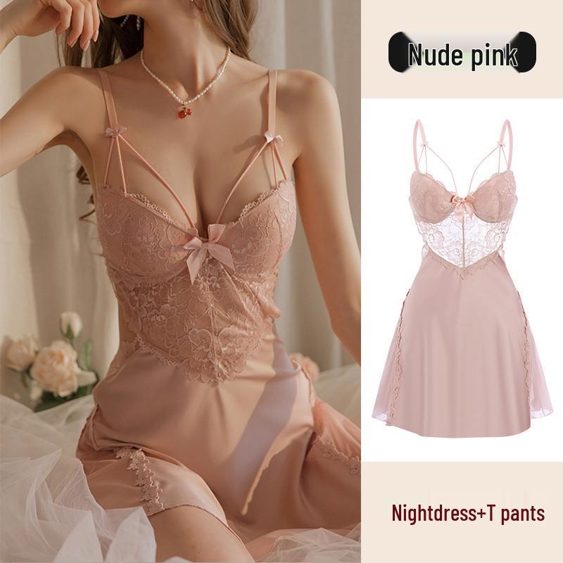 

Elegant French Lace Push-Up Nightdress - Backless Camisole Design M (80-125 cm) розовый/телесный