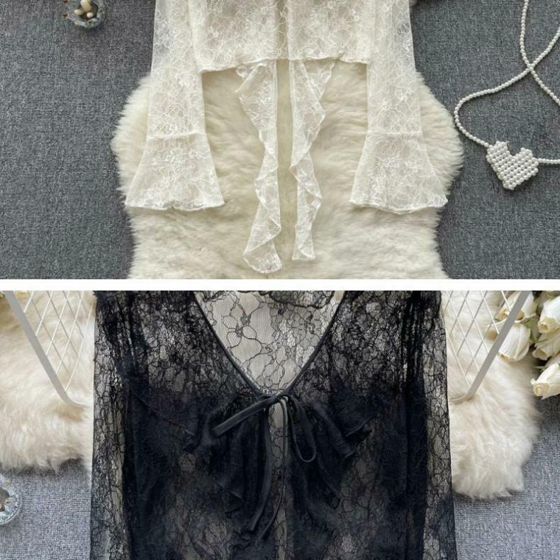Cardigan estivo in chiffon da donna - Pizzo con balze, Chiusura con laccio sul davanti, Maniche a campana, Sciarpa parasole.