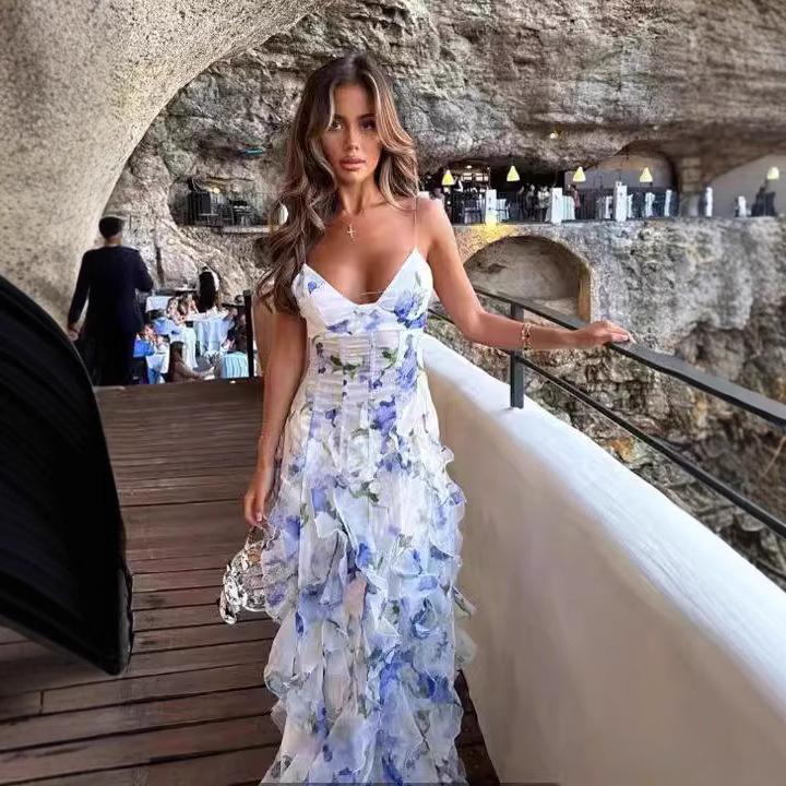 

Женское сине-белое платье макси на бретельках с цветочным принтом и боковым разрезом, повседневное пляжное платье, элегантное летнее платье S синий