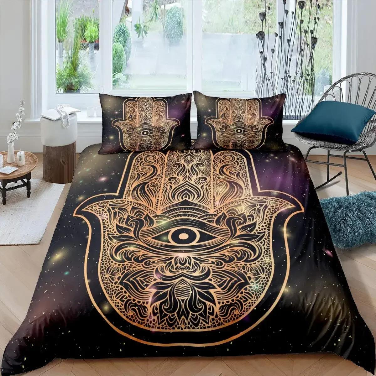 Luxury New 3D Print Hamsa Hand Bedding Set Boho Mandala Duvet Cover Set Black Gold Bohemia Fatima Hand bed linen Lucky Hand 135x200cm