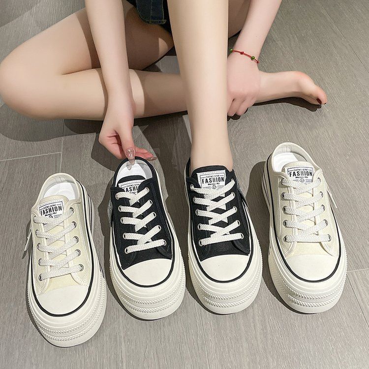 Women's Outer Bag Head Half Slippers Canvas Shoes 2025 Summer Internet Celebrity Explosion Thick Sole Heel Sandals