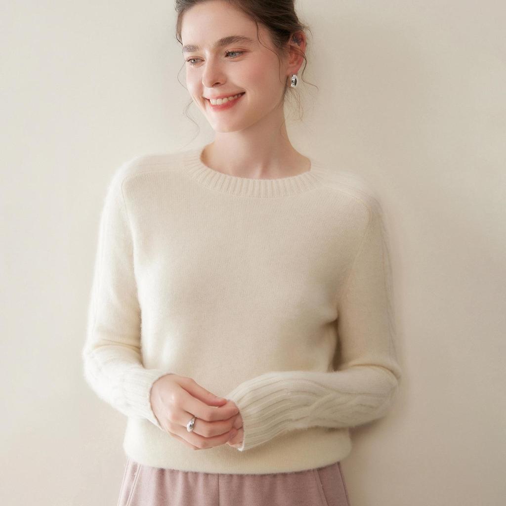 Women's Solid Color Cashmere Knit Pullover Sweater - Round Neck, Loose Fit, Slimming Base Layer for Autumn/Winter