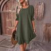 Spring and Summer Women's Vintage Mid-sleeved Round-neck Loose and Large-swing Dress