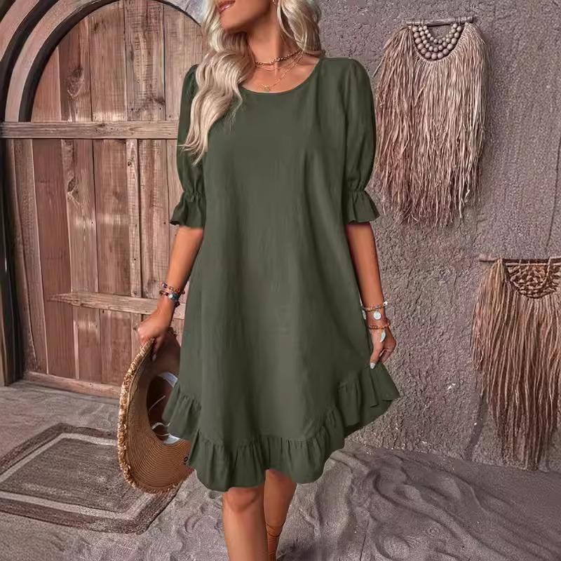 Spring and Summer Women's Vintage Mid-sleeved Round-neck Loose and Large-swing Dress