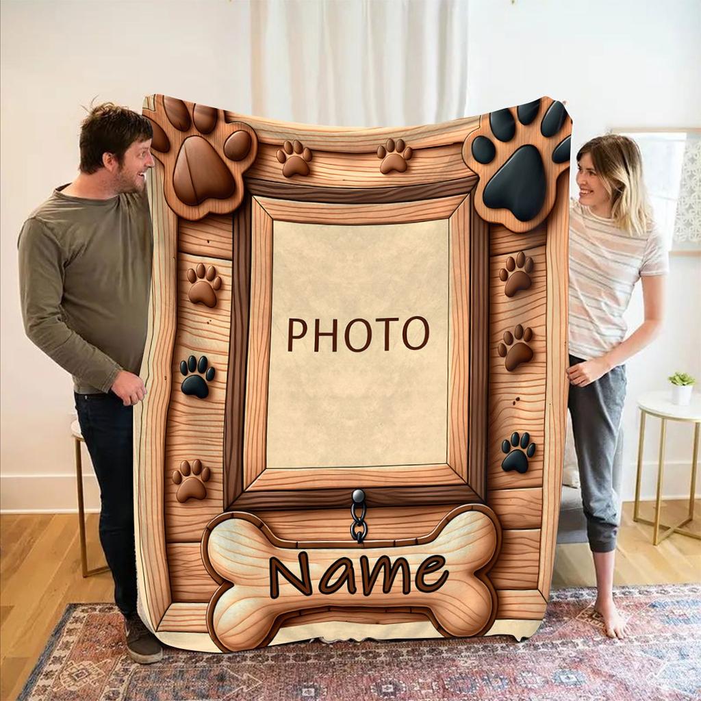 1pc Personalized Pet Paw Print Blanket - Name/Text/Image with Your Pet' Photo, Ultra-Soft Flannel Suitable for Camping, Travel, & Sofa - Lightweight A