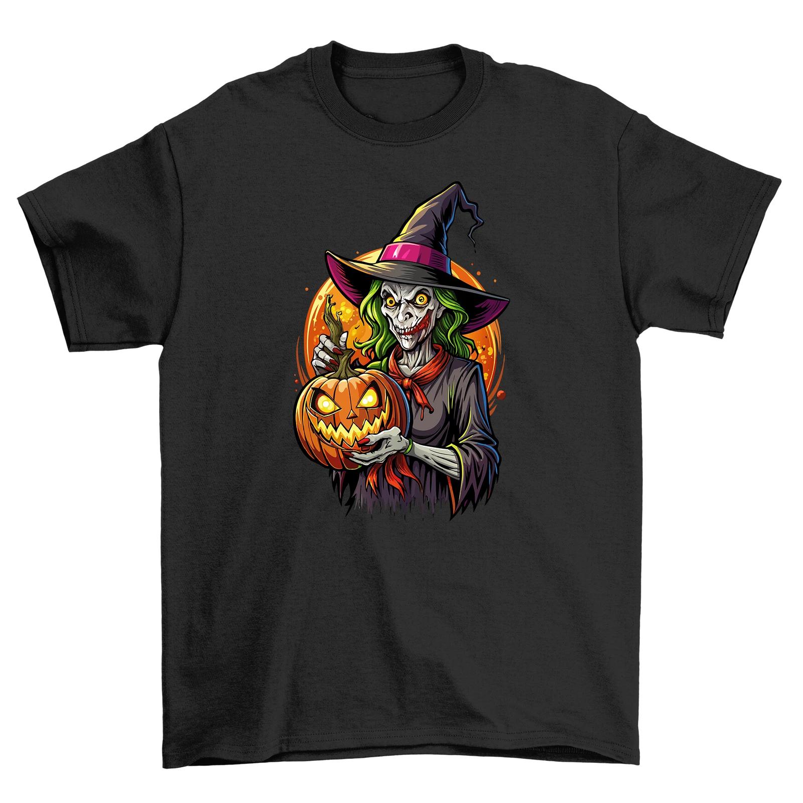 

Cool Witch Pumpkin Halloween Graphic Tee Spooky Crewneck Tshirt Cotton S