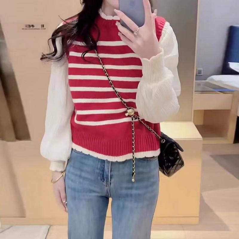 French Fake Two Piece Puff Sleeve Knit Top Women Spring Stripe Patchwork Cropped Round Neck Slimming Shirt