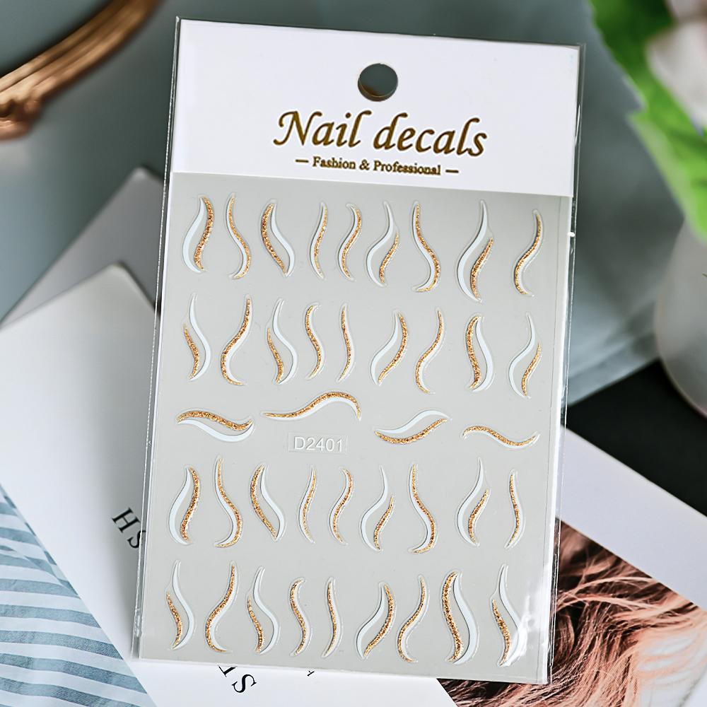 

1pcs Gold Glitter French Design Nail Stickers White Silver Curve Lines Stripe Wave Nail Decals Slider Reflective Manicure Wraps NKS324-1-03F08