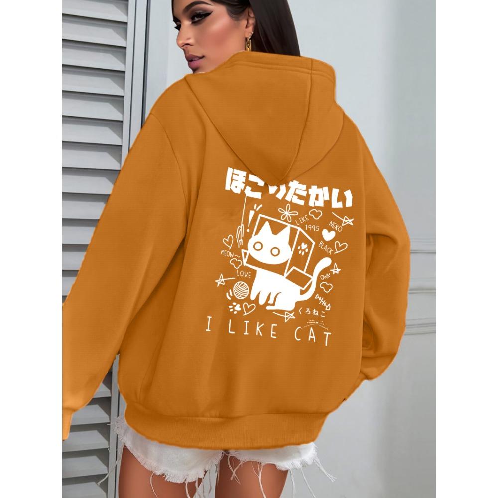 I Like Cat Heart Box Cat Print Women Hoody Autumn Fleece Hoodies Jogging Loose Streetwear Casual All-Match Female Hoodie