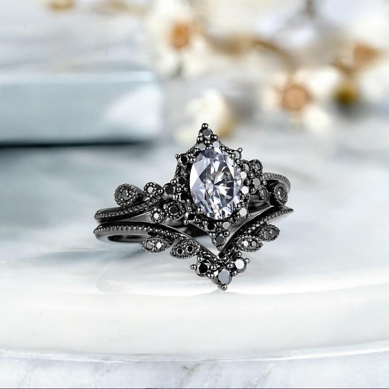 Exquisite Black Color Flower Oval Round Rings for Women Black Stone Rings Set Jewelry Party Gift