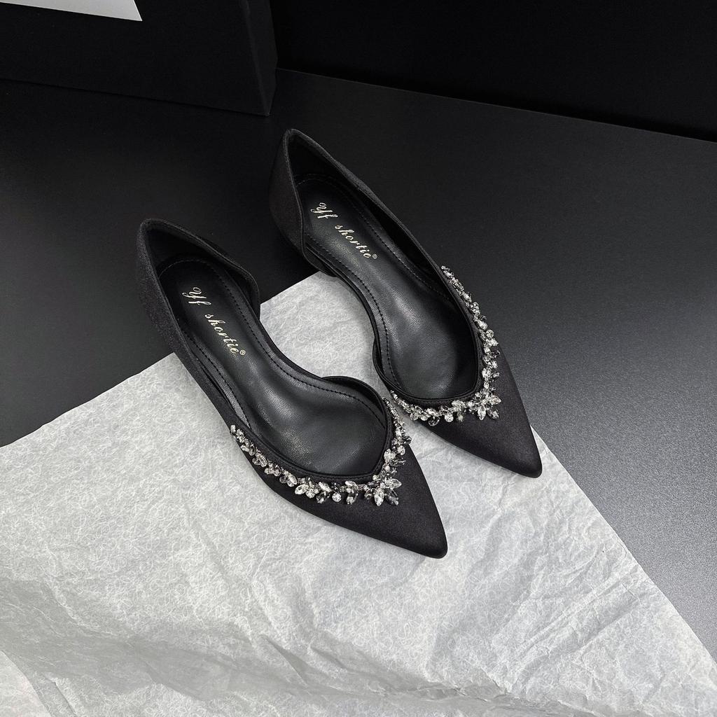 4 cm higher rhinestone pointed side empty single shoes for women's 2025 summer new retro one-pedal inner height-increasing sandals