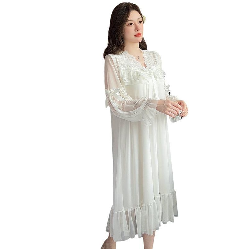 Ling Lei Chunqiu Solid Color V-Neck Lace Bow Mesh Court Princess Style Medium Long Pajamas Pajamas Homewear