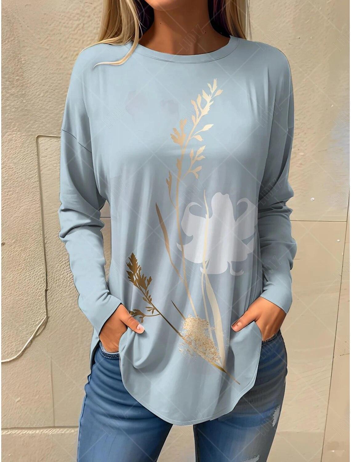 

2024 модные женские осенние пуловеры с длинными рукавами, футболки для женщин, 3d-принтер с цветочным принтом, круглым вырезом, негабаритная повседневная футболка, имитация хлопка, материал 4XL