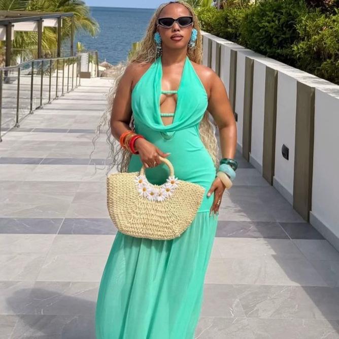 African new women s clothing fashionable and sexy neck sleeveless vest dress European and American design mesh splicing dress S зелёный