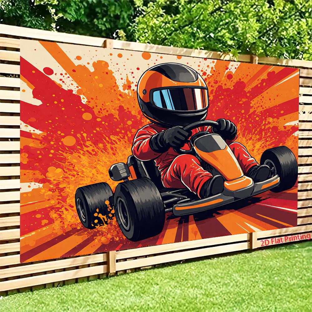 2D plane, illustration of kart driver in one racing suit, providing a perfect backdrop for your party